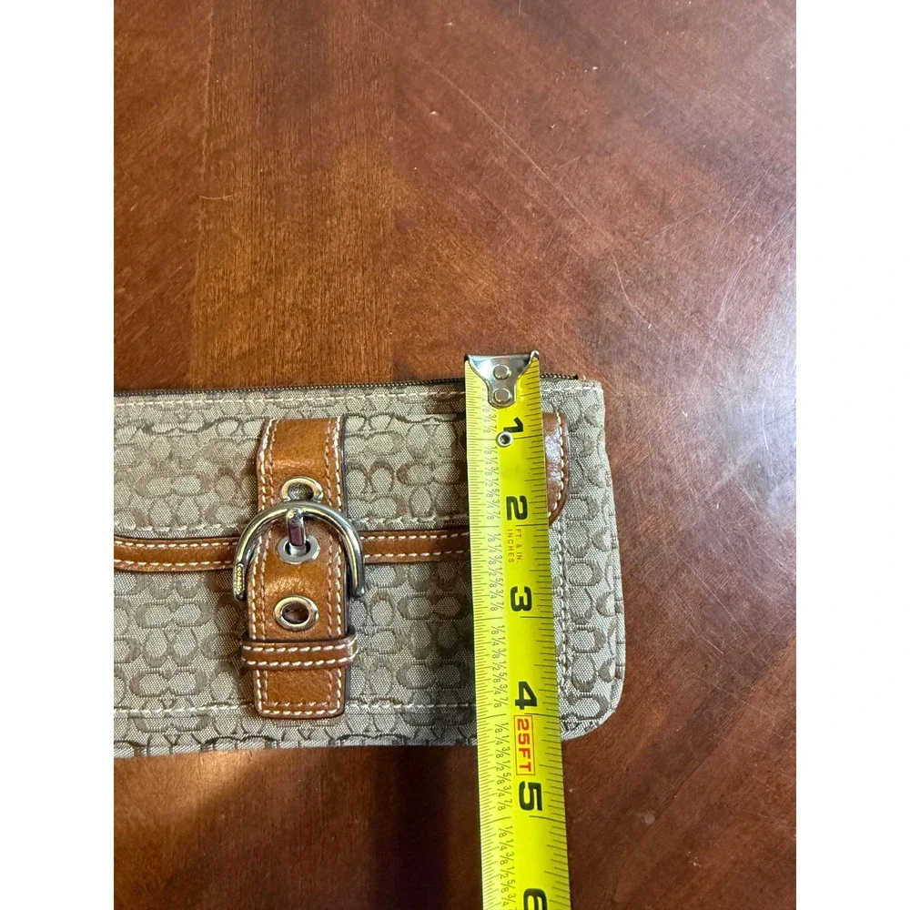 Coach Signature Jacquard Leather Buckle Wristlet Pouch Khaki Tan Silver Hardware